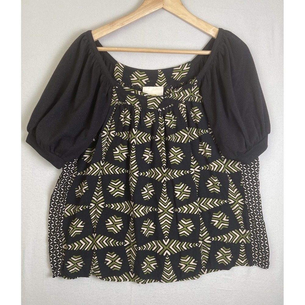 Maeve Womens Top Large Black Beige Rayon Knit Blouse Anthropologie Boho Chic